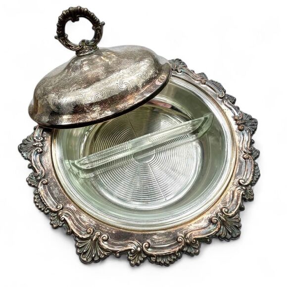 French Country Style Silverplate Covered Dish Divided Glasbake Insert Serveware - Picture 1 of 16